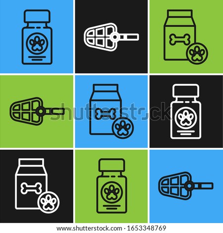 Set line Dog medicine bottle and pills, Bag of food for pet and Dog muzzle icon. Vector