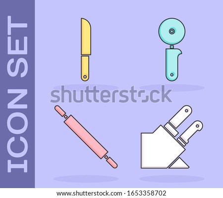 Set Knife, Knife, Rolling pin and Pizza knife icon. Vector