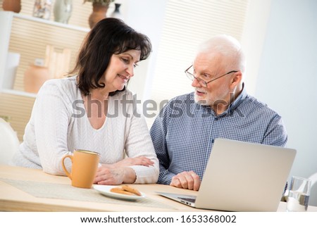 Happy pretty elderly couple shop online together