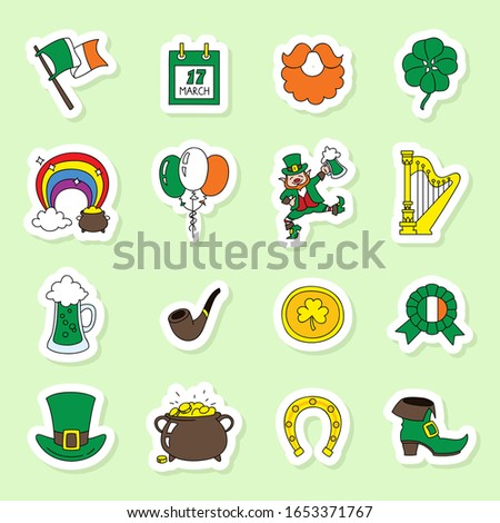 Set of St. Patrick's Day stickers. Doodle illustrations St. Patrick's Day symbols, such as: a leprechaun, a horseshoe, a trefoil, a coin and ale. Vector 8 EPS.