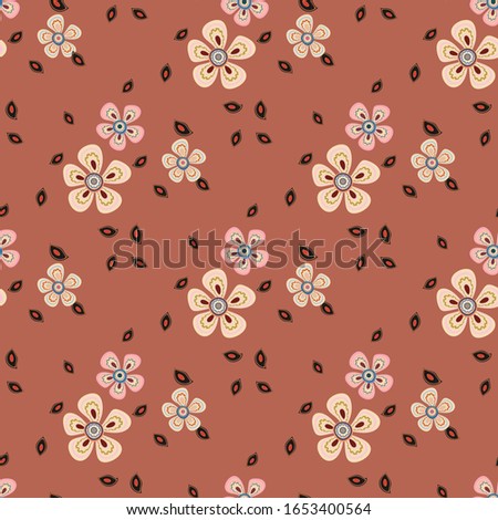 Seamless pattern of flowers and leaves. The floral ornament is located in a geometric order. Design for textile, paper, packaging, bedding. Vector illustration.