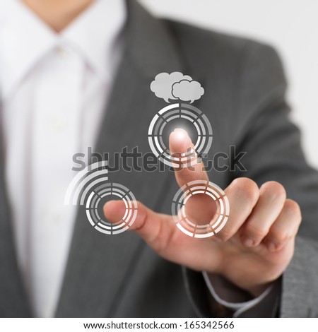 Business woman pointing her fingers on virtual web interface icons