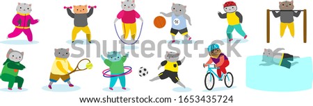 Sport cat cartoon character, cute pet animal mascot, set isolated on white, vector illustration. Active healthy lifestyle, sport training and fitness workout. Kitten playing football and cycling cat