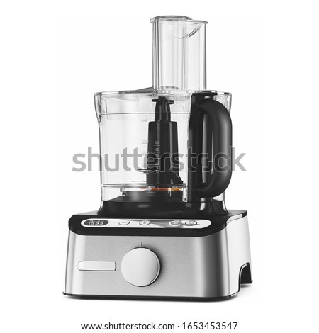 Compact Food Processor Isolated on White. Electric Kitchen Small & Domestic Appliance. Modern Liquidiser Front View. Stainless Steel Countertop Blender. Silver Multifunction Mixer Smoothie Maker Royalty-Free Stock Photo #1653453547