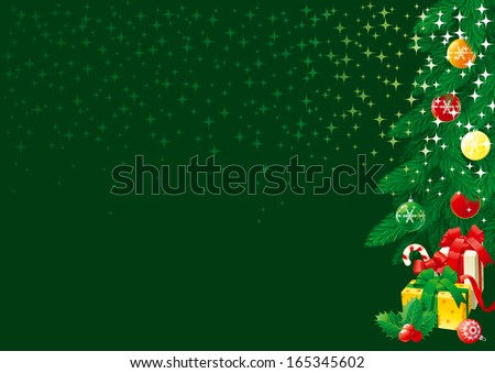Christmas tree. Card of  christmas fir tree with baubles and gift boxes on abstract background with stars. 
