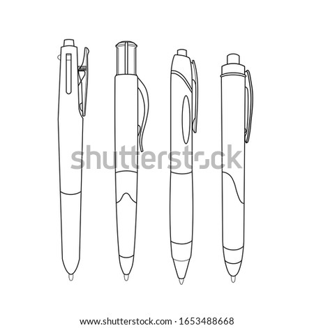Set of multi pens and retractable ballpoint pens isolated on white background. Outline style.