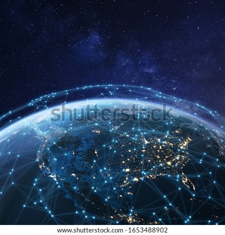 Telecommunication network above North America from space by night with city lights in USA, Canada and Mexico, satellite orbiting Planet Earth for Internet of Things IoT and blockchain technology Royalty-Free Stock Photo #1653488902