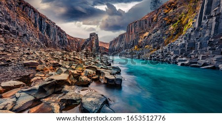 Basalt cliffs in deep canyon of mountain river. Dramatic spring view of Studlagil Canyon. Exciting morning landscape of Jokulsa A Bru river, Iceland, Europe. Beauty of nature concept background. Royalty-Free Stock Photo #1653512776