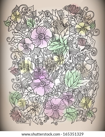 floral background, hand drawn retro flowers and leaves
