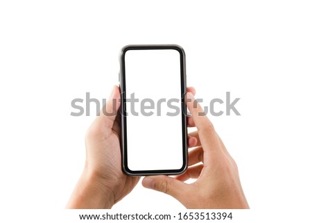 Blank form of smartphone frame on hand with white background for add template infographic or presentation and advertisement. Technology and object with clipping path.