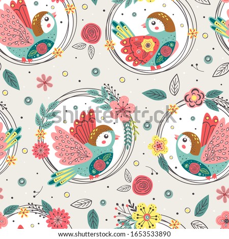 seamless pattern with birds in floral frames - vector illustration, eps    