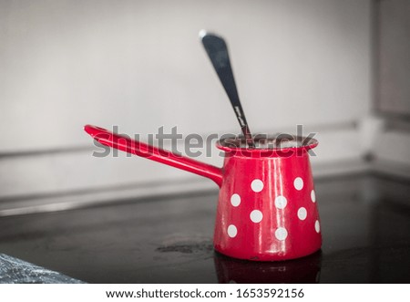 Coffee Pot red with white dots, European Style With Long Handle, for Turkish coffee pot, with long spoon in it
