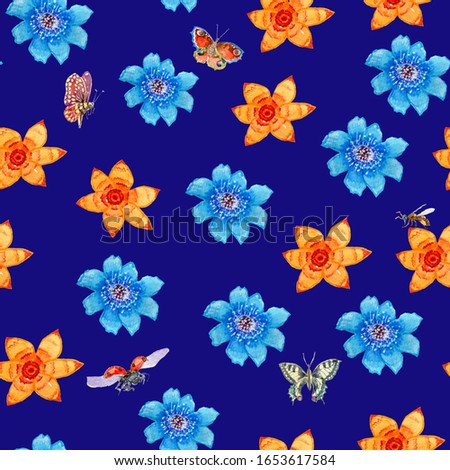 Pattern of bright abstract wildflowers on a blue background. Motley backdrop for textiles, fabrics, clothes, jacket, souvenirs or wrapper. Illustration.