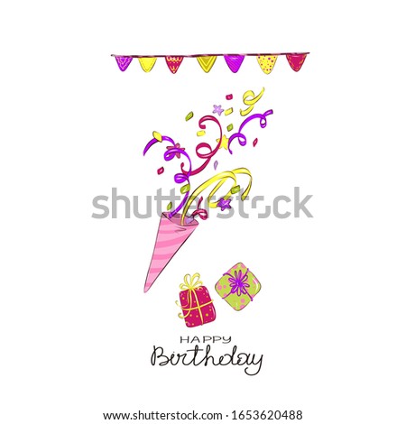 Birthday presents, hand-drawn illustration, cute gift boxes for the holiday. Concept B-day. Anniversary celebration. Vector for design t-shirts typography cards and posters.