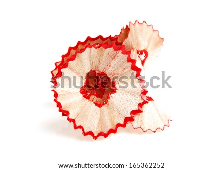 Closeup of pencil shaving isolated on white background