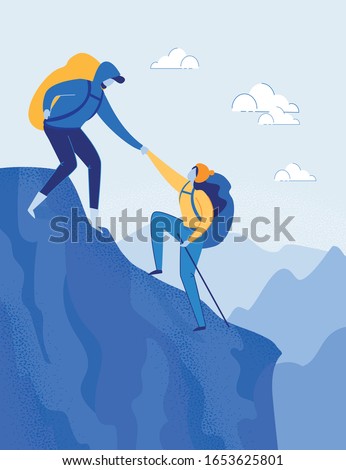 Travelling Couple with Backpacks, Man and Woman Cartoon Characters Climbing Rock. Mountaineering, Trekking and Hiking. Outdoor Recreation, Adventures in Nature, Vacation. Flat Vector Illustration.