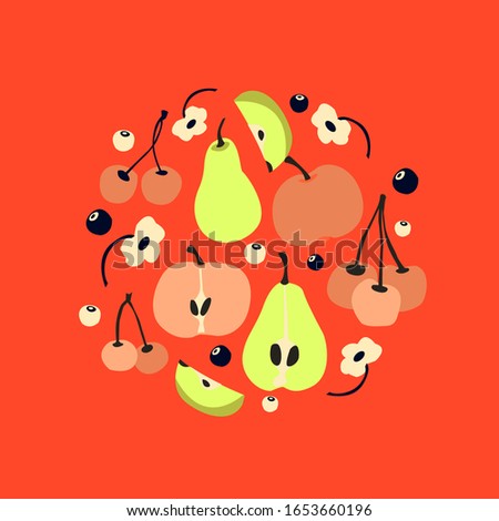 Vector cartoon set with fruits, apples. pears on the round on the orange background. Posters, covers, postcars, greeting cards, kichen design. Isolated elements. Clip art. Vegan food, organic, summer.
