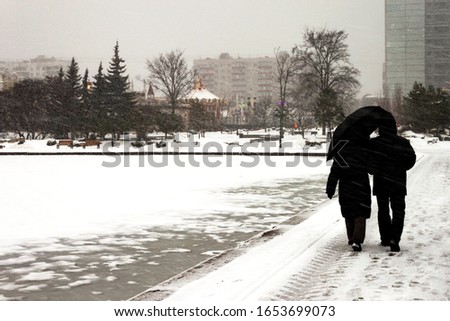 A man and a woman adult couple in winter snow under black umbrella walking around winter pond in park. Love, relationship, romance concept