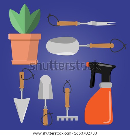 
gardening tools, spatula, rake, flower pot