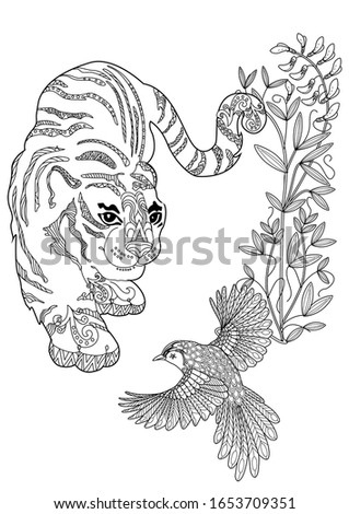 Coloring Pages. Coloring Book for adults. Colouring pictures with tiger. Antistress freehand sketch drawing with doodle and zentangle elements.