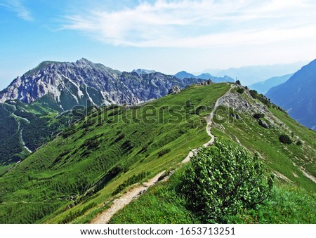 Alpine mountain peaks Gamsgrat and Raucher Berg over the Malbuntal alpine valley and in the Liechtenstein Alps mountain range - Malbun, Liechtenstein