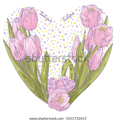 Vector romantic design of heart made of pink tulip flowers. For love cards, greetings, weddings, Valentine's Day. Wall sticker, cover. For various printing and design.