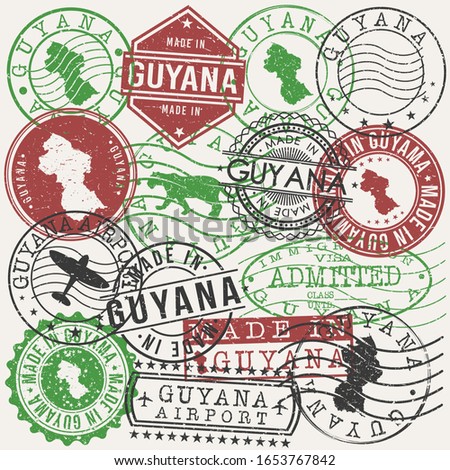 Guyana Set of Stamps. Travel Passport Stamps. Made In Product. Design Seals in Old Style Insignia. Icon Clip Art Vector Collection.
