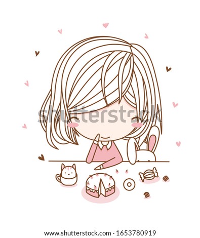 Cute girl, fashion girl, young girl. sweet girl with cat look at food. Flat character design. vector illustration for the t-shirt, print book, greeting card. Isolate on white.
