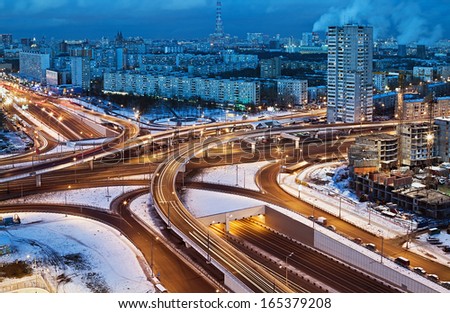 road junction in the streets of Moscow in winter night. Russia