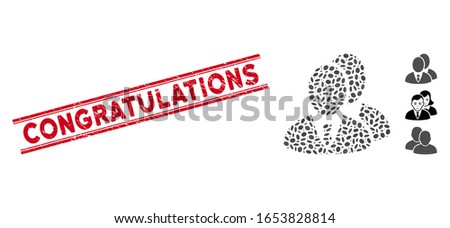 Distressed red stamp seal with Congratulations text inside double parallel lines, and collage managers icon. Mosaic vector is formed with managers icon and with random elliptic spots.