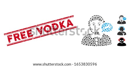 Distressed red stamp seal with Free Vodka text between double parallel lines, and collage service center woman icon.