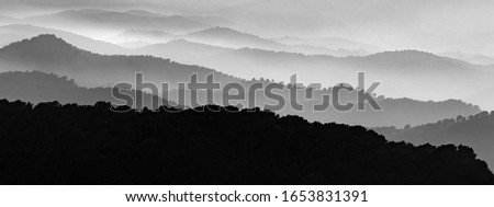 Monochromatic scene of foggy landscape of mountains layers. Misty mountains with fog in black and white.