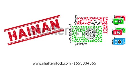 Rubber red stamp seal with Hainan phrase between double parallel lines, and mosaic video graphic cards icon. Mosaic vector is composed with video graphic cards icon and with scattered oval elements.