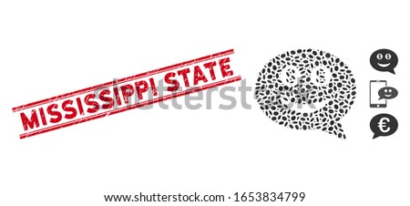 Rubber red stamp seal with Mississippi State text inside double parallel lines, and mosaic millionaire smiley message icon.