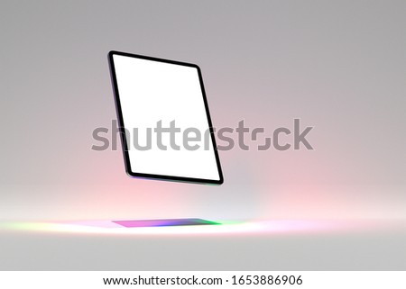 Generic Tablet floating in white space, with colored shadows on an off white background.