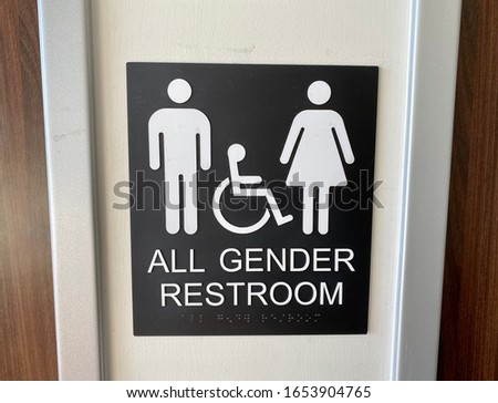 All Gender Restroom sign with icons of man, woman and handicapped person. 