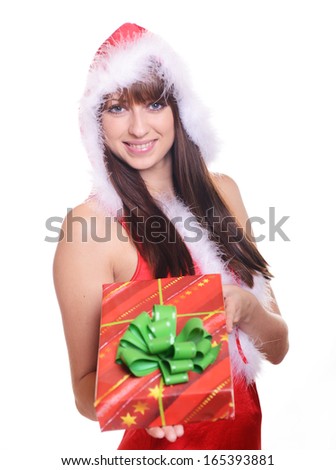 Beautiful caucasian brunette in santa claus costume over white background
