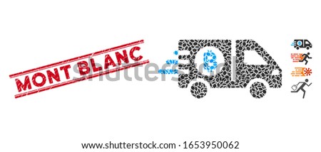 Corroded red stamp seal with Mont Blanc caption inside double parallel lines, and mosaic fast Bitcoin delivery car icon.