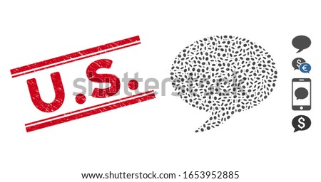 Distressed red stamp seal with U.S. text inside double parallel lines, and mosaic message balloon icon. Mosaic vector is composed with message balloon icon and with random elliptic spots. U.S.
