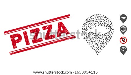 Grunge red stamp seal with Pizza text between double parallel lines, and mosaic fish marker icon. Mosaic vector is formed with fish marker icon and with randomized elliptic elements.