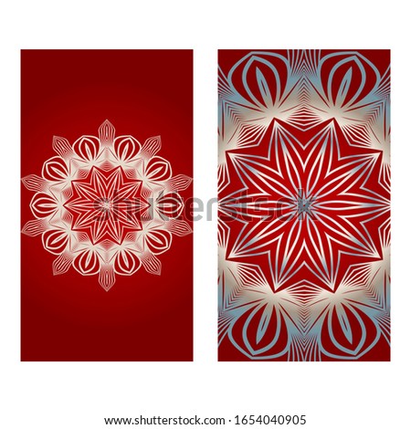 Cards Or Invitations Set With Mandala Ornament.  Illustration. For Wedding, Bridal, Valentine's Day, Greeting Card Invitation. Red silver color.