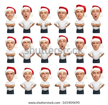 collage of funny bighead senior men in santa hat over white background