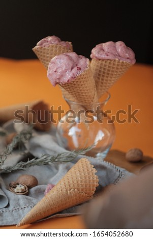 Vegetarian ice cream with raspberries.
