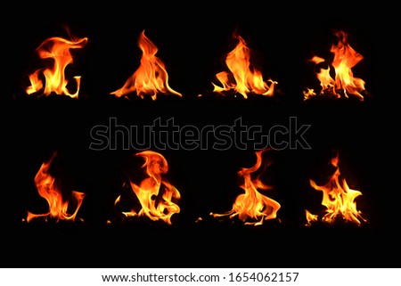 True flame set, consisting of 8 images of various illumination elements Isolated on a black background