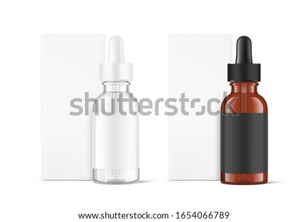 Realistic cardboard packaging box mockup with dropper bottle mockup isolated on white background.Vector illustration.  Сan be used for cosmetic, medical and other needs. EPS10. Royalty-Free Stock Photo #1654066789