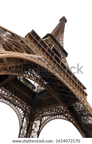 Close low angle view of the majestic Eiffel tower isolated on white, Paris, France