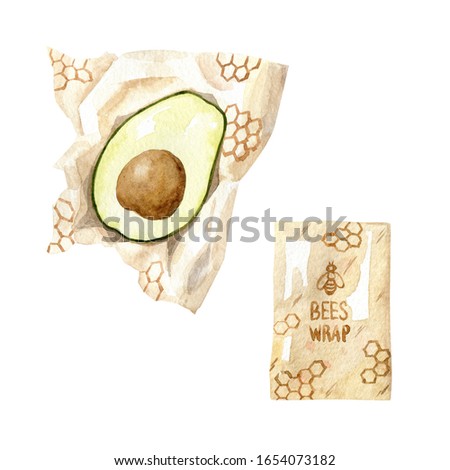Avocado in bees wax wrap, pack of bees wax wraps - watercolor hand drawn clipart isolated on white background. Zero waste lifestyle, eco-friendly kitchen. No plastic concept. Handmade illustration.