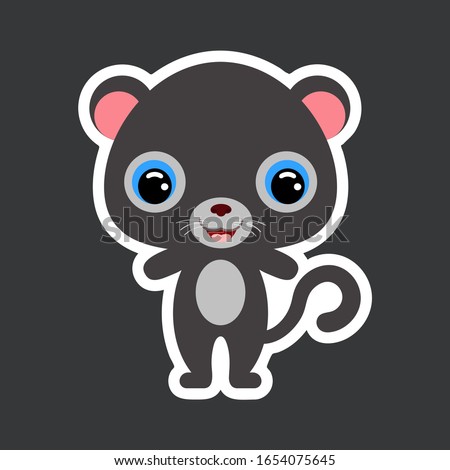 Children's sticker of cute little panther. Jungle animal. Cartoon character for baby print design, kids wear, baby shower celebration, greeting and invitation card. Flat vector stock illustration
