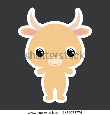 Children's sticker of cute little yak. Wild animal. Cartoon character for baby print design, kids wear, baby shower celebration, greeting and invitation card. Flat vector stock illustration