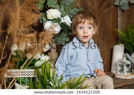Magnificent boy playing with Easter bunny in a green grass. Rustic decoration. Studio shot on a wooden background